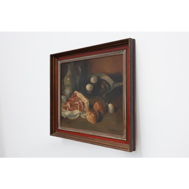 J. De Bruyne, Realist Still Life with Ham, Eggs and Bread, 1920s, Oil on Canvas For Sale - Image 4 of 11