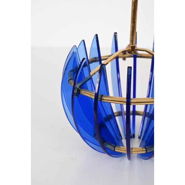 Mid-Century Italian Blue Glass and Brass Pendant attributed to Galvorame, Italy, 1960s For Sale - Image 9 of 17