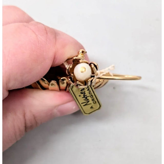 Metal Vintage Signed Napier Goldtone Yellow Cabochon Flower & Bud Brooch For Sale - Image 7 of 8