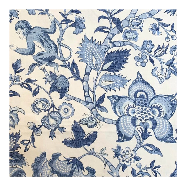 Covington 5th Avenue Designs Blue Cream Botanical Floral Monkey Squirrel Toile Fabric Sample For Sale