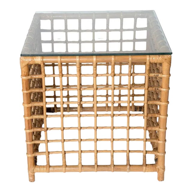 Henry Olko Mid-Century Modern Square Series Rattan Side Table For Sale