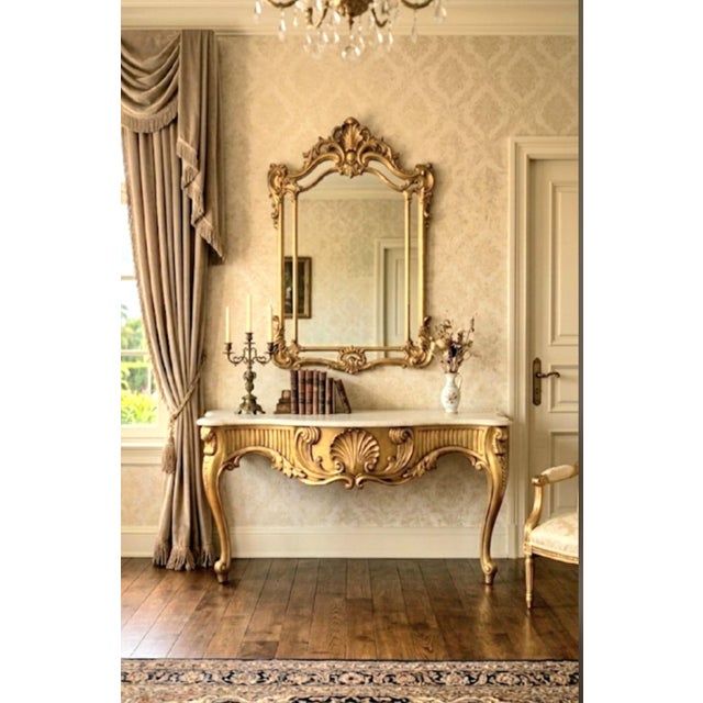 ​Monumental Exquisite Vintage Louis XV Rococo-Style Gilt Wood and Off White Marble-Top Wall-Mounted Console Table For Sale - Image 10 of 12