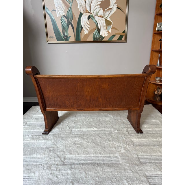 Antique Solid Mission Carved Oak Wood Church Pew Bench For Sale - Image 9 of 12