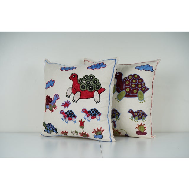Mid-Century Modern Hand Embroidered Turtle Suzani Pillow Cover - A Pair For Sale - Image 3 of 4
