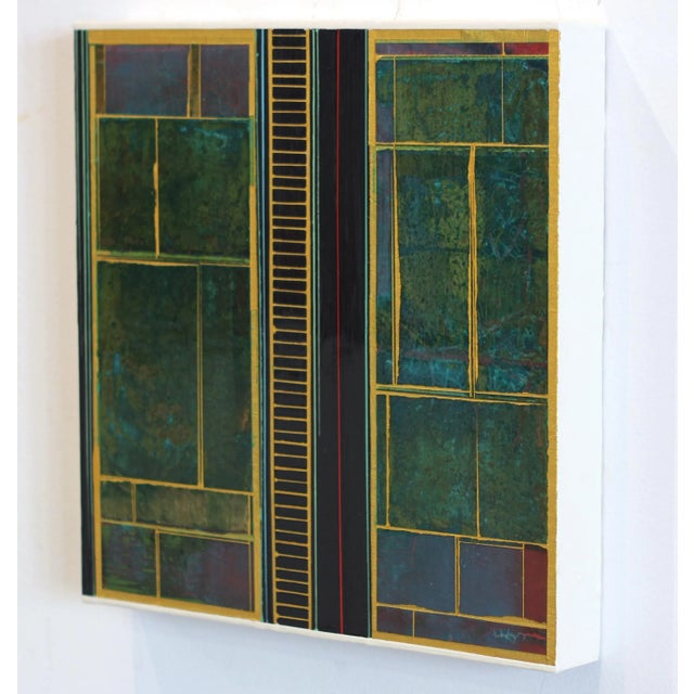 Mid-Century Modern Fields No. 8 - Original Green and Gold Geometric Mixed Media Acrylic Painting on Wood Panel For Sale - Image 3 of 7