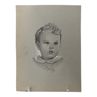 1940s Original Signed Graphite Illustration of Child Portrait With Ruffled Collar, 11.5 × 8.75 In For Sale