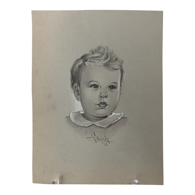 1940s Original Signed Graphite Illustration of Child Portrait With Ruffled Collar, 11.5 × 8.75 In For Sale