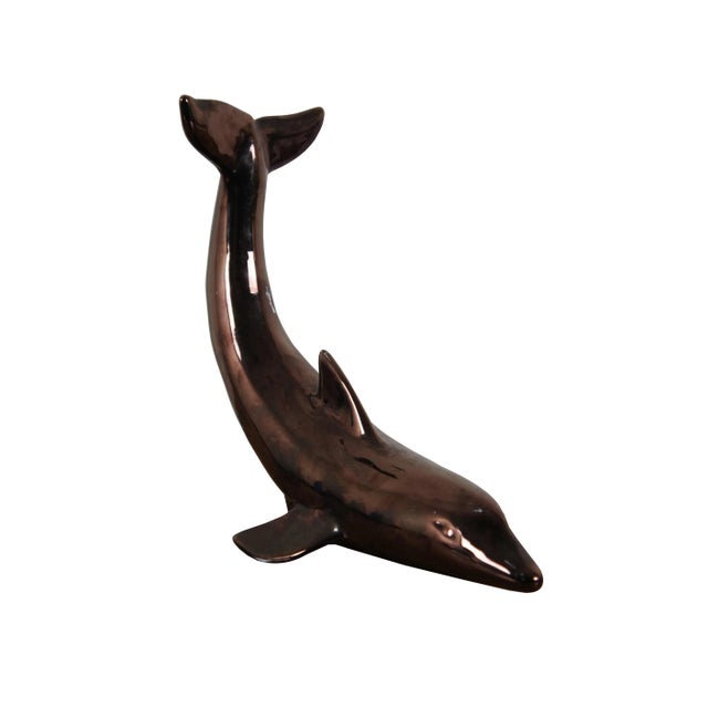 Contemporary Vintage Iridescent Metallic Bronze Finish Porcelain Dolphin Figurine Sculpture For Sale - Image 3 of 12