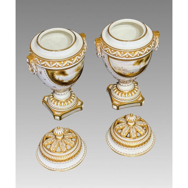 Antique Royal Worcester Neoclassical Matched White and Gilt (Gold) Porcelain Covered Urns W/ Landscaped Panels by Harry Davis, a Pair, England 1912. For Sale - Image 9 of 12