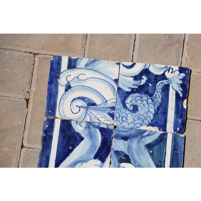 Baroque 18th Century Portuguese Baroque Tiles With Mythological Figure Details and Elaborate Cobalt Scrollwork, Set of 6 For Sale - Image 3 of 9