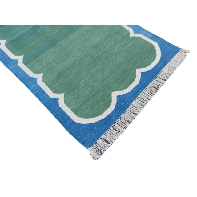 Handmade Reversible Cotton Runner Rug Vegetable Dyed Green Blue Scalloped Dhurrie Runner -3'x10' For Sale - Image 6 of 11