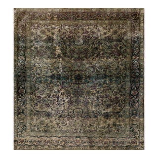 Ivory Color & Purple Details Fine Persian Kashan Hand Knotted Wool & Silk Rug and Geometric Pattern For Sale