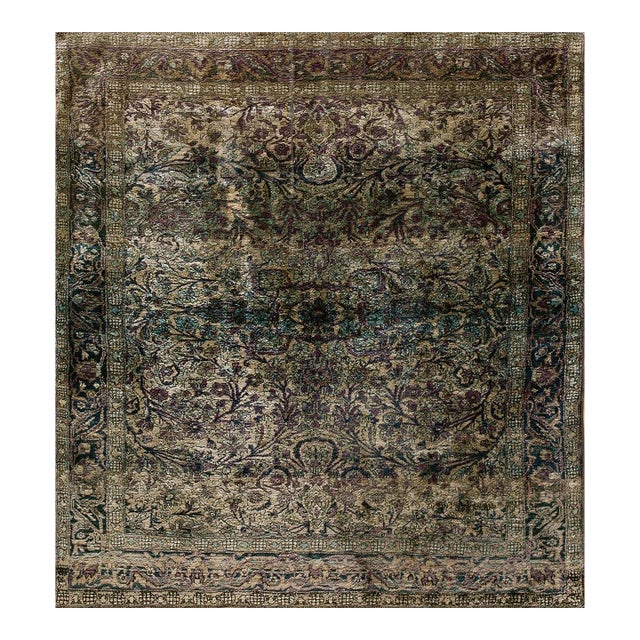 Ivory Color & Purple Details Fine Persian Kashan Hand Knotted Wool & Silk Rug and Geometric Pattern For Sale