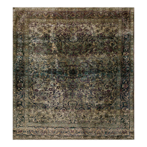 Ivory Color & Purple Details Fine Persian Kashan Hand Knotted Wool & Silk Rug and Geometric Pattern