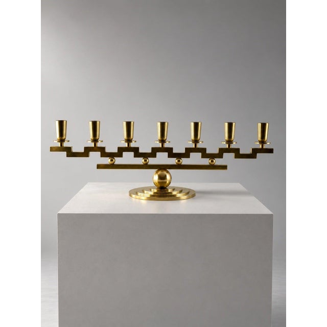 Metal Swedish Grace Brass 7-Arm Candelabra by Lars Holmström, 1930s For Sale - Image 7 of 7