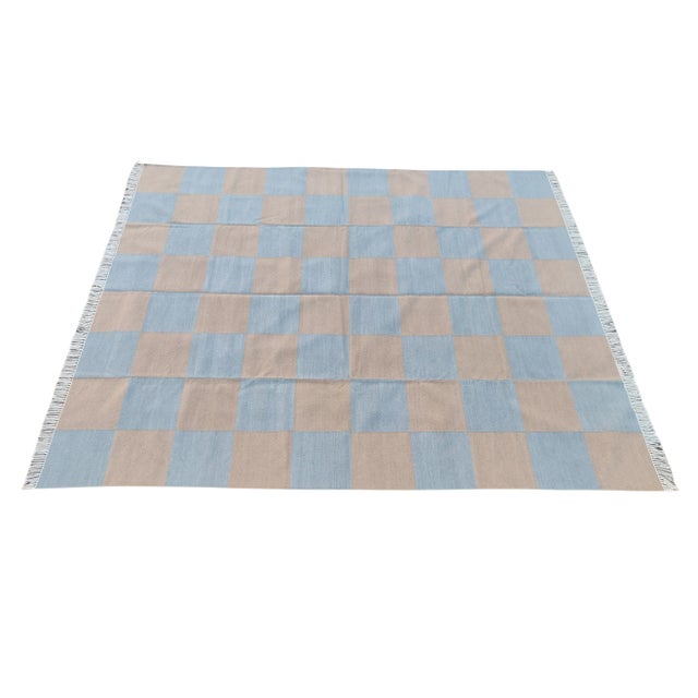 Handmade Vegetable Dyed Woolen Checked Pattern Rug Gray and Beige - 8x10 For Sale - Image 11 of 11