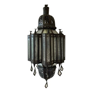 Vintage Moroccan Moorish Lantern Pendant Light With Molded Clear Glass and Hand Cut Metal For Sale