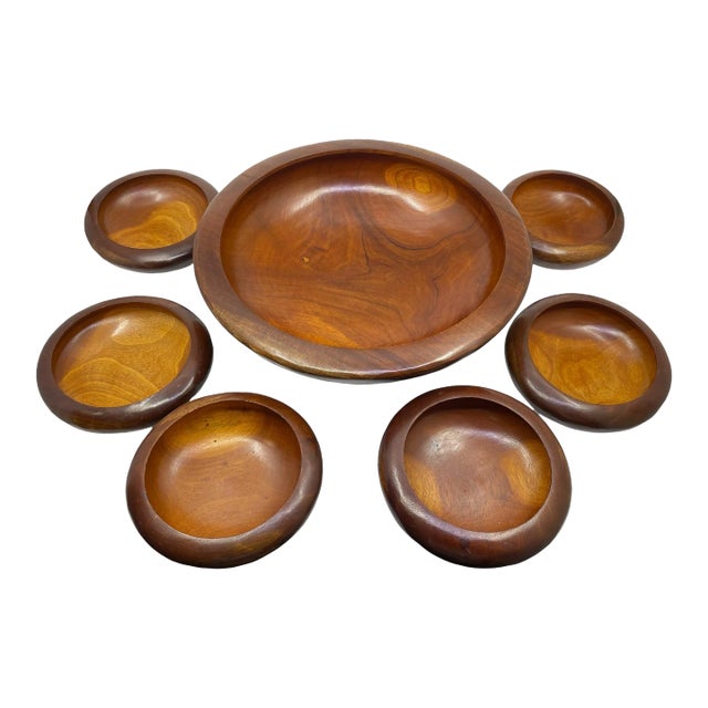 Mid Century Wooden Bowl Serving Set - a Set of 7 For Sale