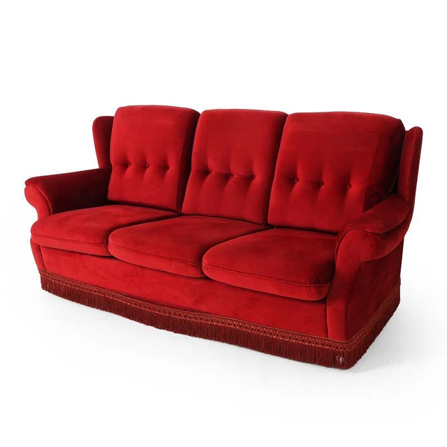 Mid-Century Modern 1960s Mid Century Tufted Back Ruby Red Sofa For Sale - Image 3 of 14