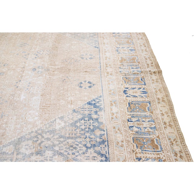 Textile Antique Persian Beige Wool Rug Handmade Medallion Design From the 1920s For Sale - Image 7 of 10