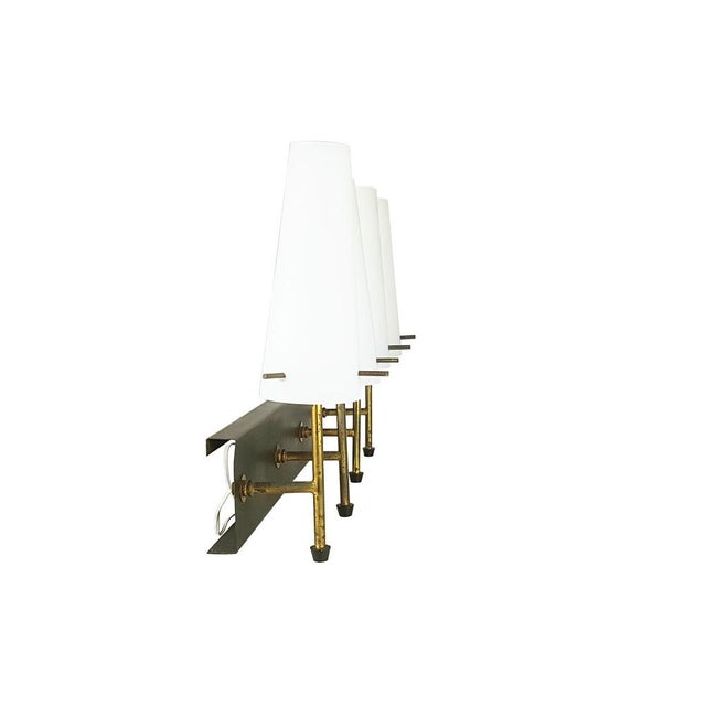 Black Metal, Brass & Opaline Glass 4-Light Wall Lamps, 1950s, Set of 5 For Sale - Image 4 of 15