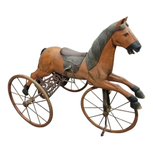 Early 1900s Antique, Turn of the Century, Hand Carved Wood Hobby Horse Wooden Tricycle