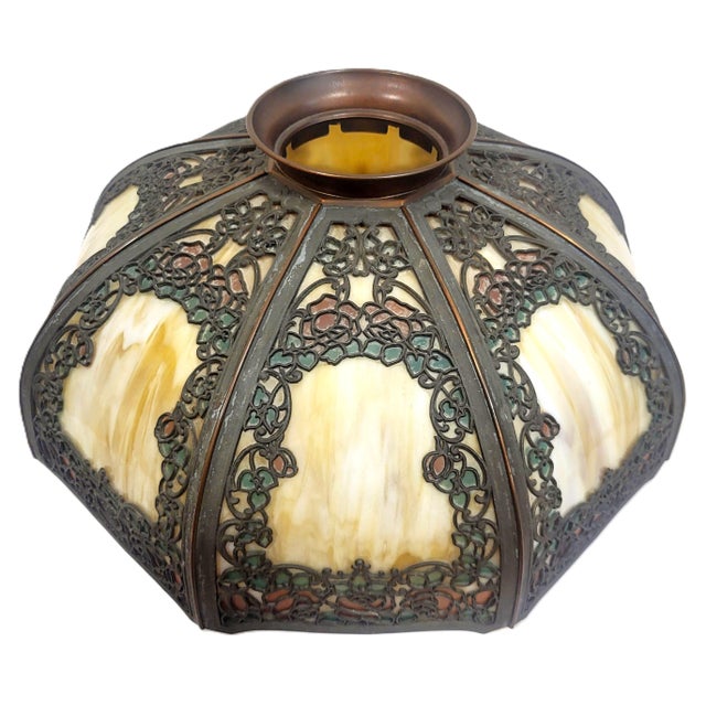 Antique Bronze Rose Overlay & Stained Slag Glass Table Lamp #559 by Handel For Sale - Image 12 of 18
