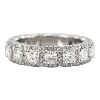 Platinum 5.34ct Diamond Cushion Cut Round Pave Halo Diamond Eternity Band Ring, Size 7.5 For Sale