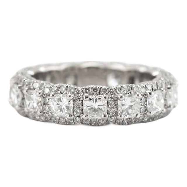 Platinum 5.34ct Diamond Cushion Cut Round Pave Halo Diamond Eternity Band Ring, Size 7.5 For Sale