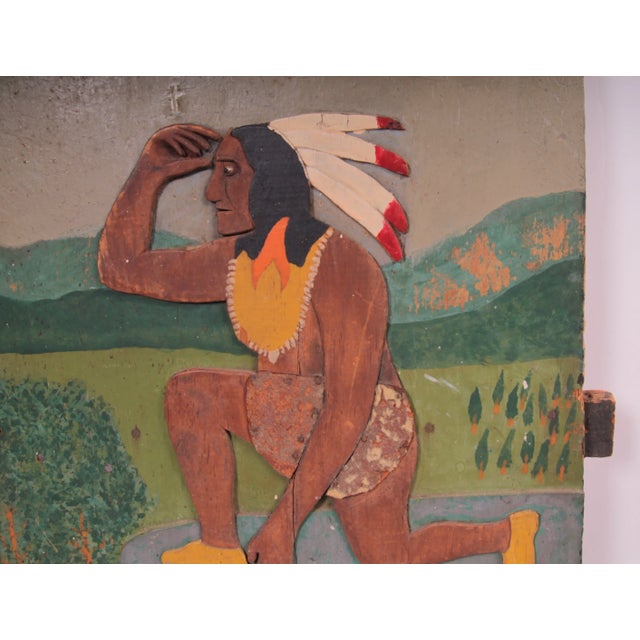 Circa 1940s relief carved Westport chair seat back with chief polychrome carving found in Maine. Age wear, scratches.