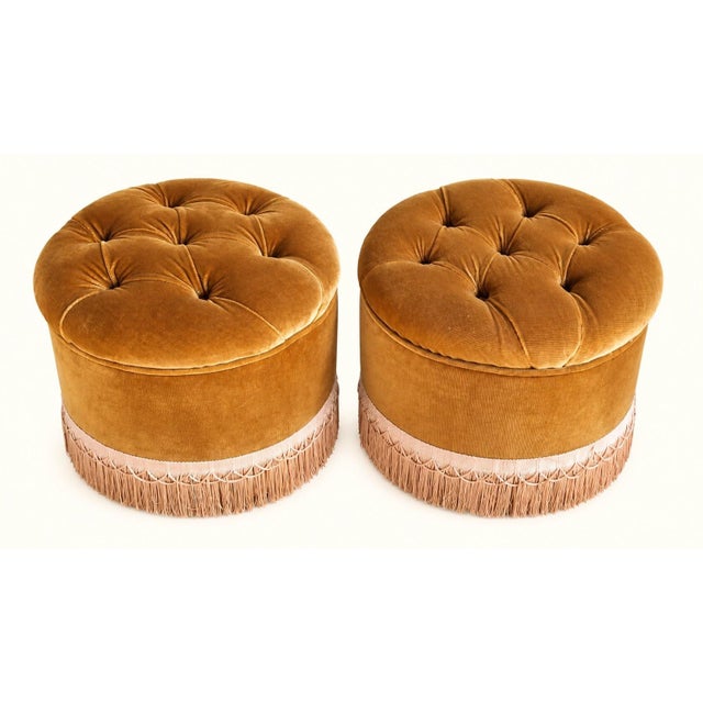 Early 20th Century Napoleon III Ottoman in Ochre Velvet with Tufted Fringes For Sale - Image 9 of 9