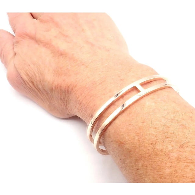 Metal Hermes 18k Rose Gold H Open Cuff Bangle Bracelet For Sale - Image 7 of 7
