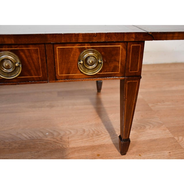1930s Weiman English Regency Flame Mahogany Inlay Leather Top Drop Leaf Coffee Table For Sale - Image 4 of 18