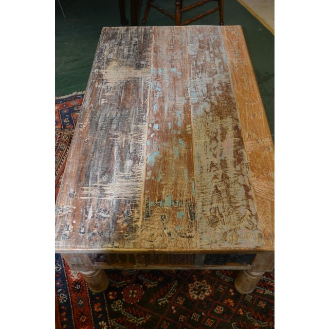 Wood 1980s Rustic Carved Panel Tan Wood Coffee Table W/ Aqua / Brown Bleached Indian For Sale - Image 7 of 16