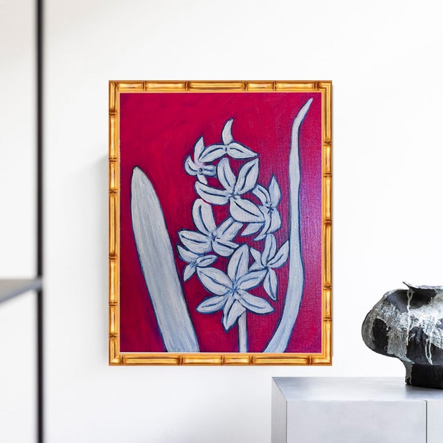 2020s Original Framed Flower Painting, White Red Botanical Wall Art, Oil Sticks on Canvas in Bamboo Frame, 11x14 Minimalist Boho Home Decor For Sale - Image 5 of 6