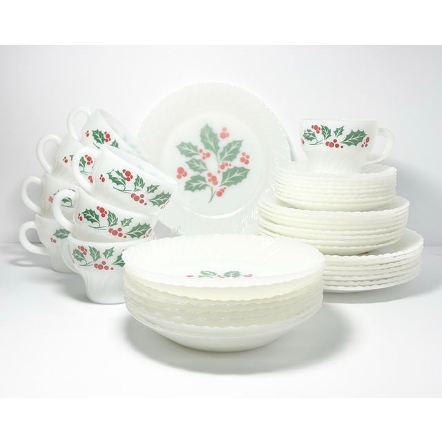 1970s Vintage 40-Piece Milk Glass Dinnerware Set Service 8 Holly Christmas Crisa Excellent condition. No chips, cracks,...