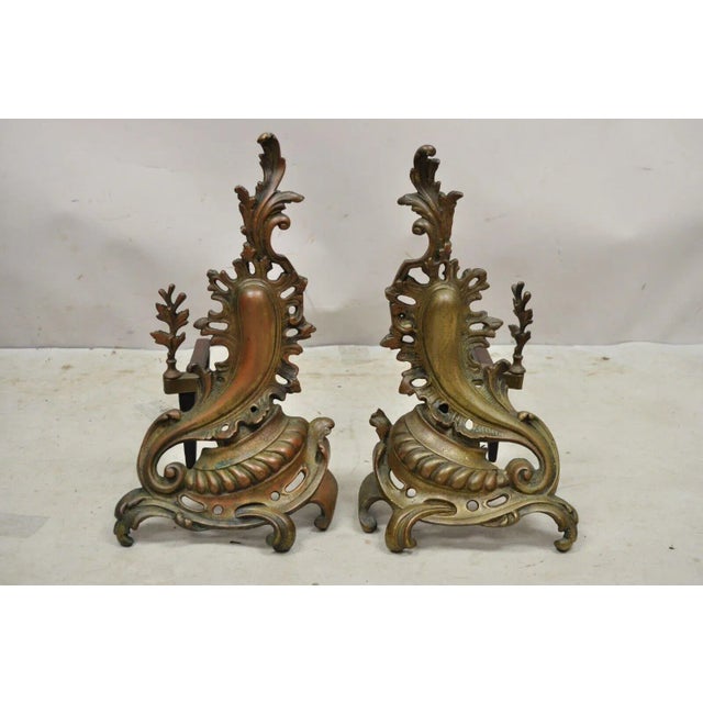 Early 20th Century French Rococo Baroque Style Brass Leafy Acanthus Andirons - a Pair For Sale - Image 12 of 12