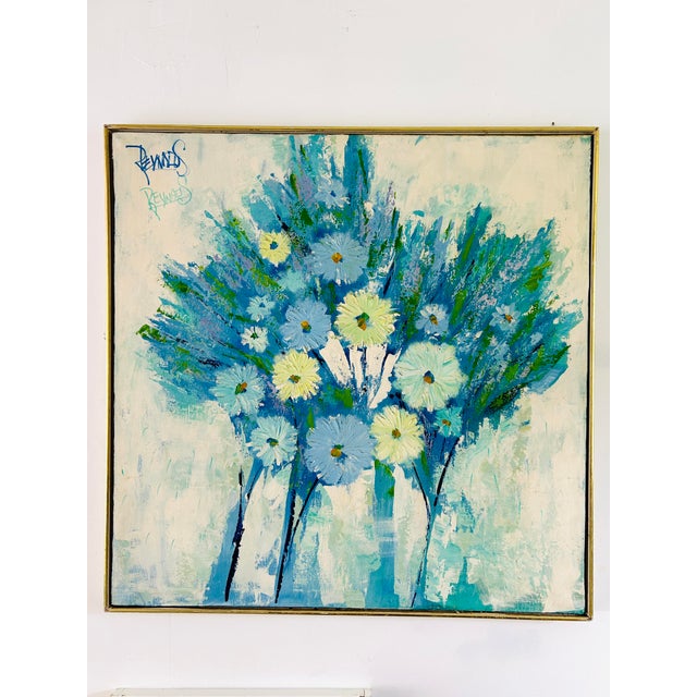 Cornflower Blue Iconic 1970s Floral on Canvas, Double Signed “Reynolds” Aka Less Reynolds, Kitsch Painter For Sale - Image 8 of 8
