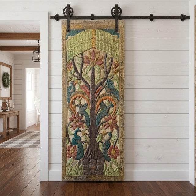 Hand-Painted Tree of Life Carved Wood Door Panel – Vintage Indian Folk Art Wall Decor 84x36 For Sale In Orlando - Image 6 of 7