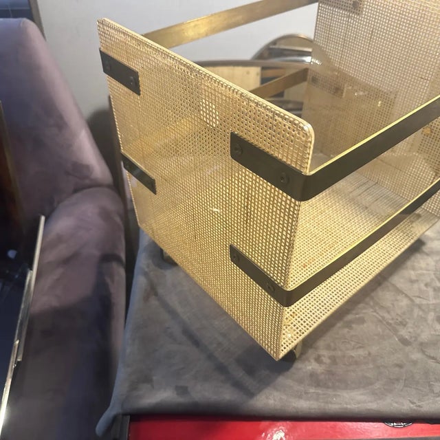 1980s Dior Home Style Mid-Century Modern Brass and Wicker Magazine Stand For Sale - Image 16 of 18