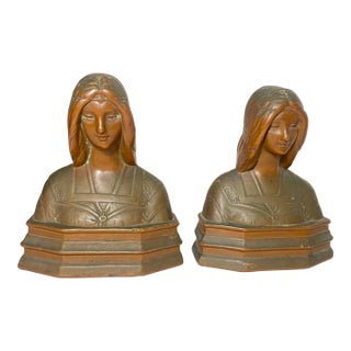 Pair of 2 Antique 1800's Bronze Clad Lady Bust Statue Beatrice Bookends Set For Sale