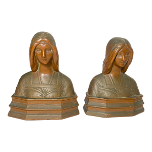 Pair of 2 Antique 1800's Bronze Clad Lady Bust Statue Beatrice Bookends Set