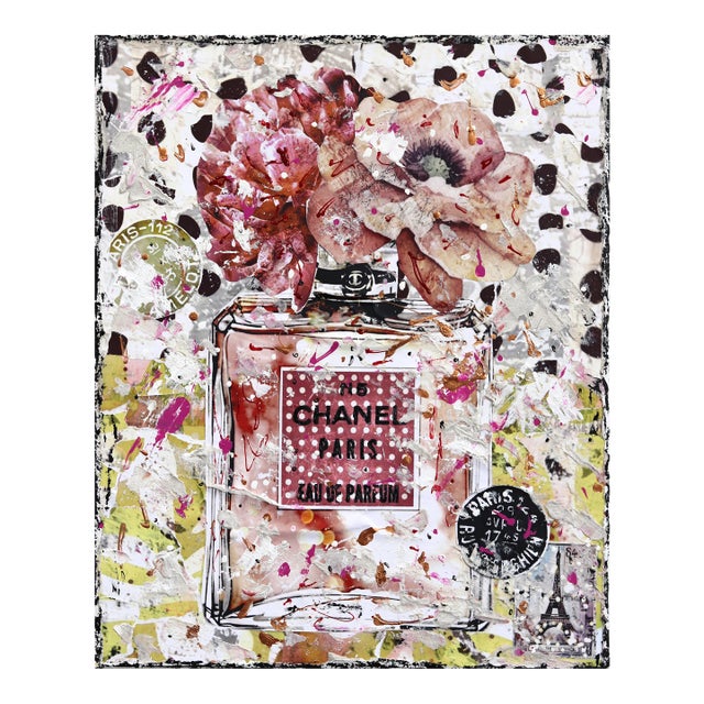 Chanel Party - Feminine Floral Perfume Still Life Textural Collage Original Artwork by Marion Duschletta For Sale
