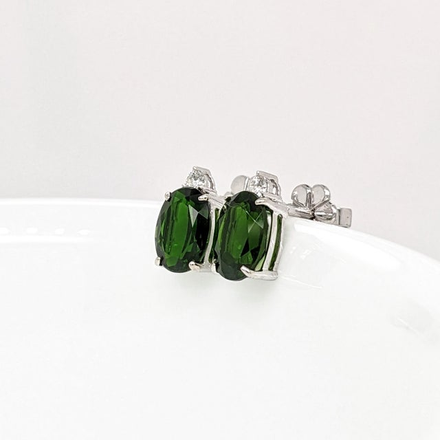 Modern 2.6ct Chrome Diopside Earrings With Natural Diamonds: Solid 14k Gold, Oval, A Pair For Sale - Image 3 of 7