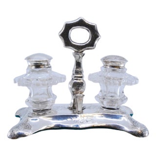 Hexagonally Cut Glass Silver Salt and Pepper Shakers, Set of 3 For Sale