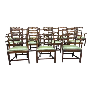 18th Century George III Mahogany Ladder Back Green Leather Seat Armchairs - Set of 12