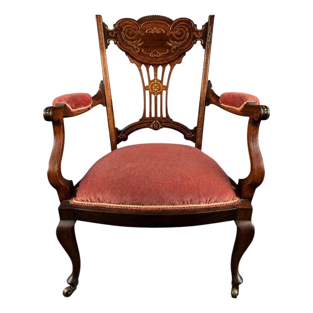Edwardian Mahogany & Satinwood Inlaid Armchair with Castors, 1905 For Sale