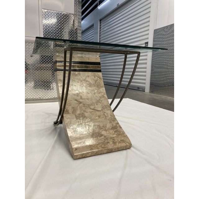 Alabaster 1980s Maitland-Smith Style Tessellated Stone and Iron Sculptural Base Glass Top Side End Table For Sale - Image 8 of 13