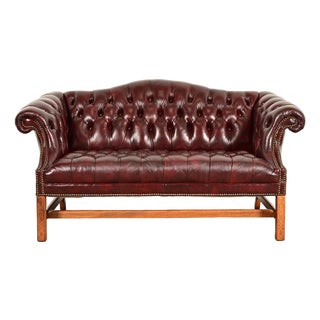 Hancock and Moore Style Vintage Chippendale Tufted Oxblood Leather Camelback Chesterfield Sofa, Circa 1980s For Sale