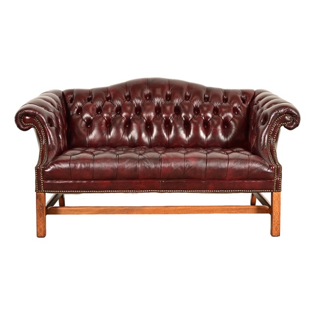 Hancock and Moore Style Vintage Chippendale Tufted Oxblood Leather Camelback Chesterfield Sofa, Circa 1980s For Sale